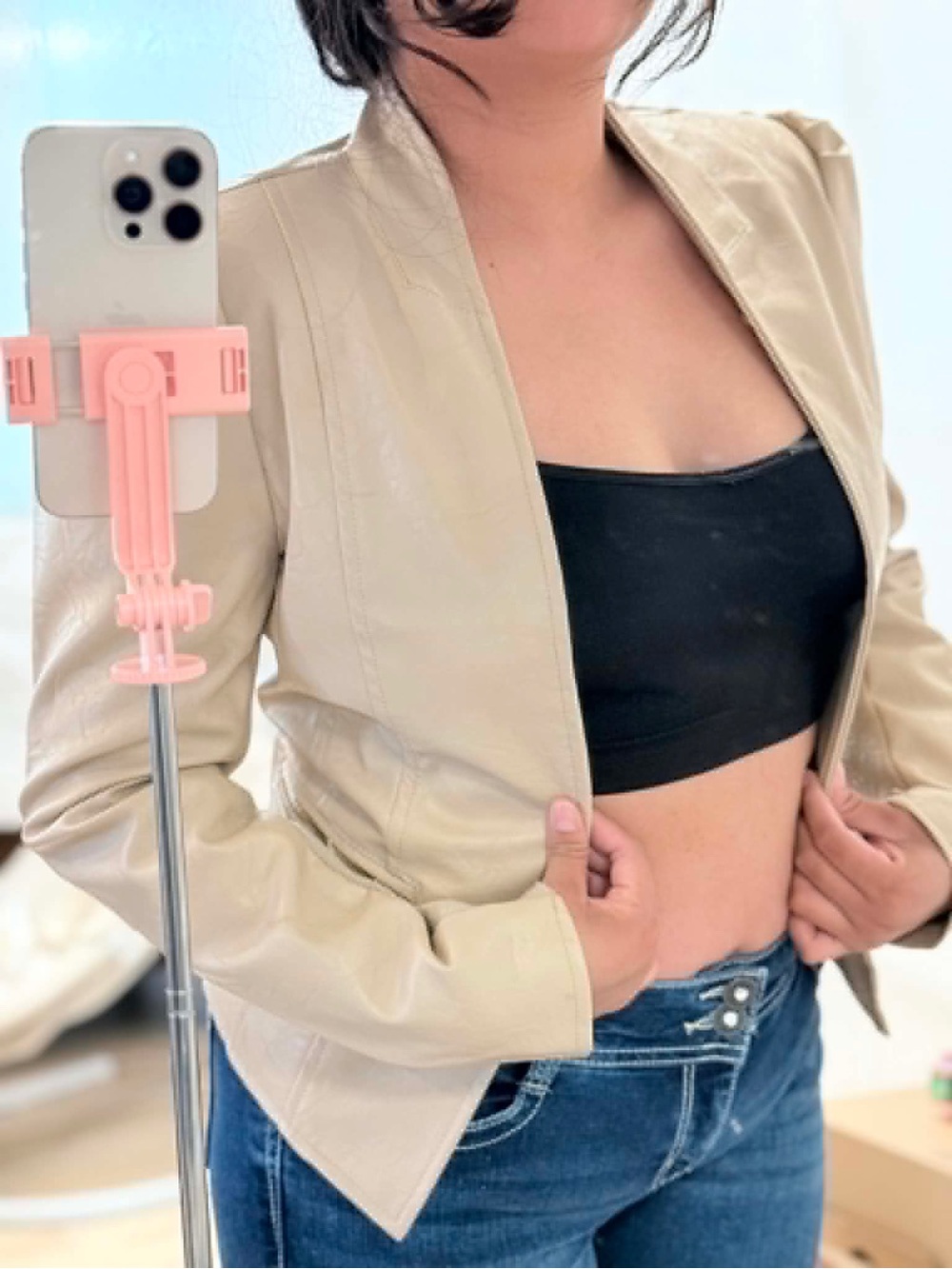 Beige Faux Leather Women's Jacket - Sleek Open Front Coat